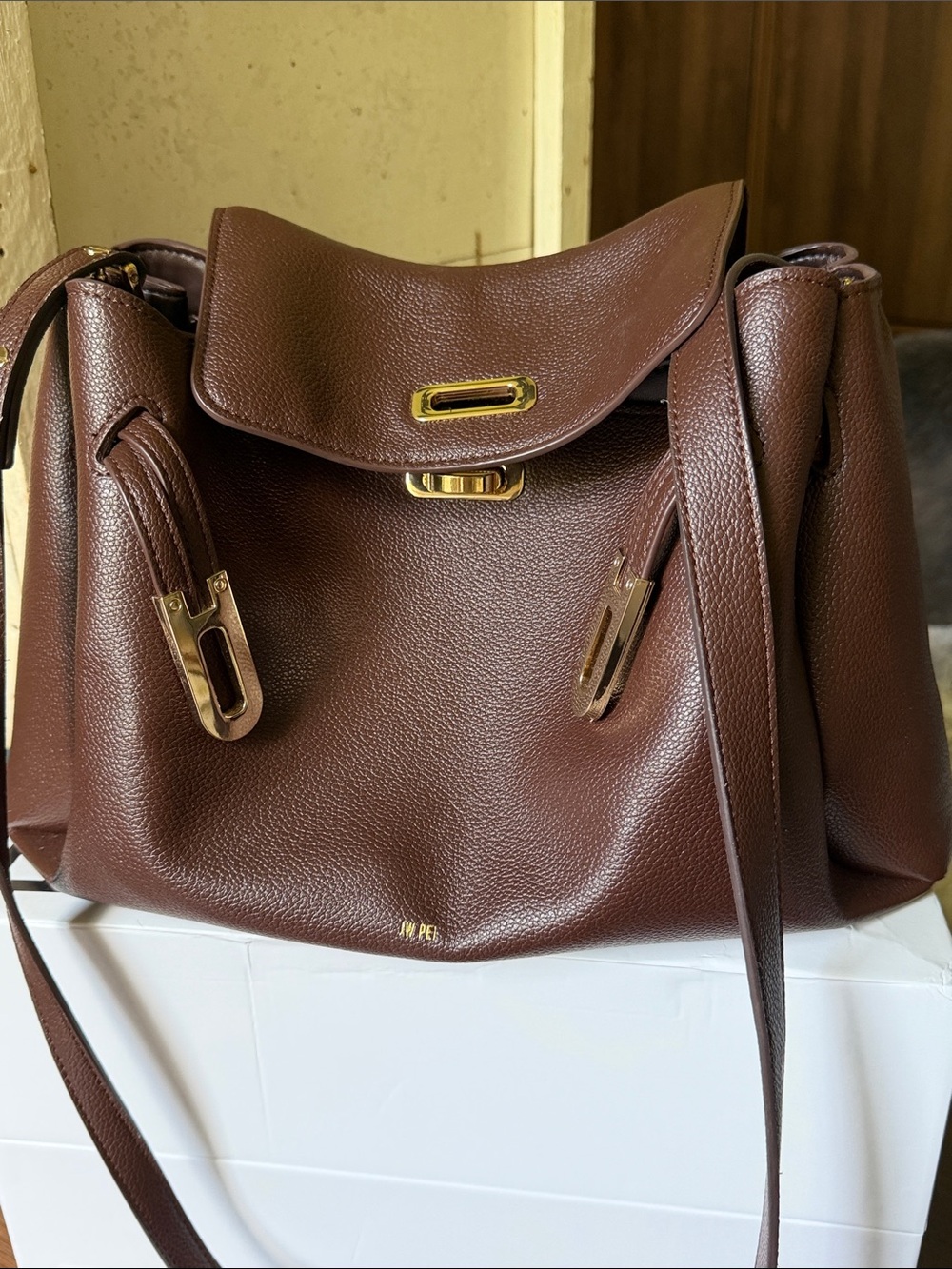 JW PEI Chocolate Brown Vegan Leather Shoulder Bag with Gold Accents - Picture 4 of 17